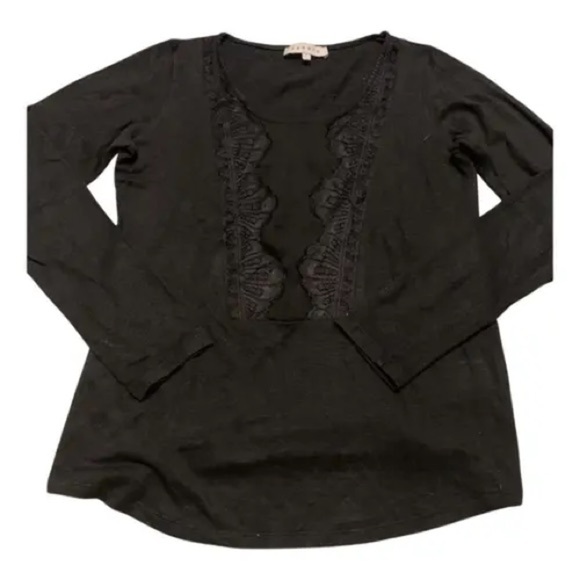 SANDRO 100% Linen w/ Lace Detail Long Sleeve Black Top Size 2 VGUC - Picture 1 of 5